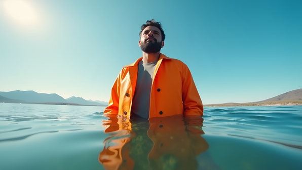 Individual in vibrant orange jacket standing on calm water surface under bright daylight with clear blue sky background