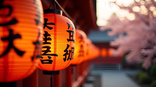 Vibrant Orange Paper Lanterns With Kanji