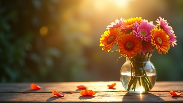 Vibrant orange and pink flower bouquet arranged in a clear vase on a rustic wooden table with soft natural lighting