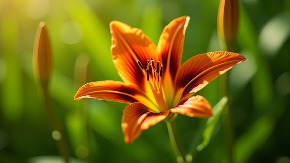 Close-up of a vibrant orange tiger lily flower blooming outdoors in bright daylight with green foliage