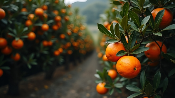 Selective color photo of vibrant orange trees with ripe fruit and lush green leaves in sharp focus