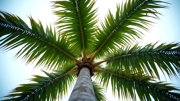 Close-up view of a vibrant palm tree with detailed green fronds against a bright overcast white sky