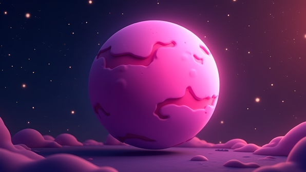 Close-up of a vibrant pink cartoon planet with smooth textures and subtle craters