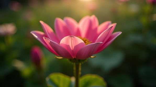 Close-up of a vibrant pink flower with delicate petals in sharp focus against a softly blurred green garden background
