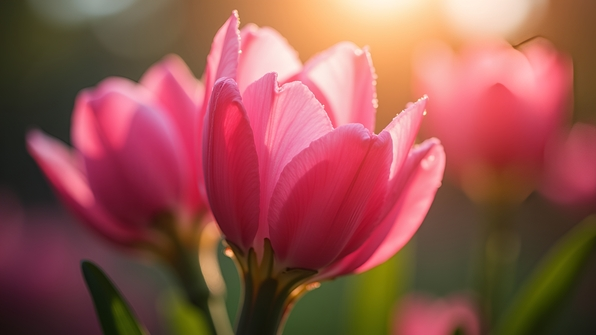 Close-up selective focus on vibrant pink flower petals bathed in soft natural daylight