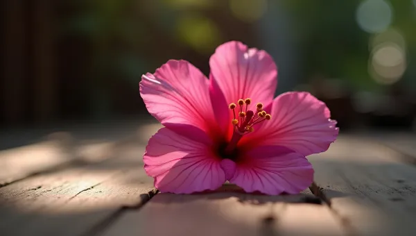 Vibrant Pink Flower On Rustic Wooden Table