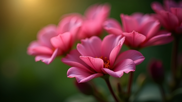 Close-up selective focus of vibrant pink flowers with delicate petals against a softly blurred green background highlighting texture and color contrast