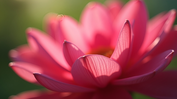 Close-up of vibrant pink petals blooming vividly against a soft green blurred background