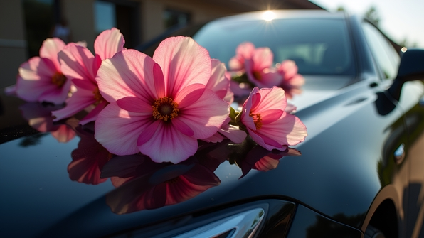 Close-up of vibrant pink and white flowers artistically arranged on the glossy black surface of a sleek modern car under natural daylight