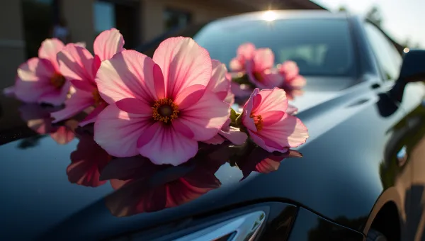 Vibrant Pink And White Flowers On Glossy Black Car