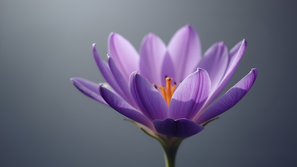 Close-up of a vibrant purple flower with delicate petals against a smooth gray background