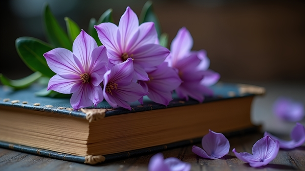 Close-up selective focus of vibrant purple flowers resting gently atop a closed vintage book with textured cover