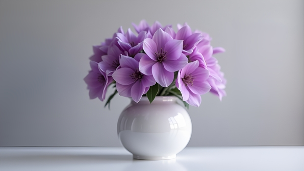 A cluster of vibrant purple flowers elegantly arranged in a glossy white ceramic vase with a soft neutral background