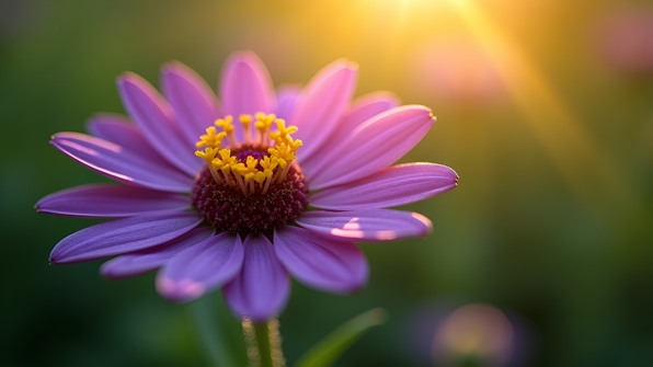 Close-up macro photograph of a vibrant purple and yellow flower showing detailed petals and natural sunlight