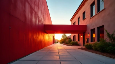 Vibrant Red Architectural Structure Next To Rustic Building
