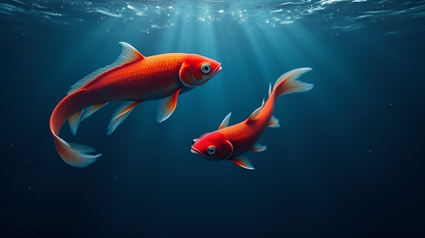 Vibrant red fish seamless wallpaper pattern swimming against a deep blue aquatic background