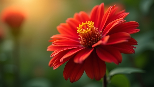 Close-up of a vibrant red flower with detailed petals in full bloom against a softly blurred natural green background