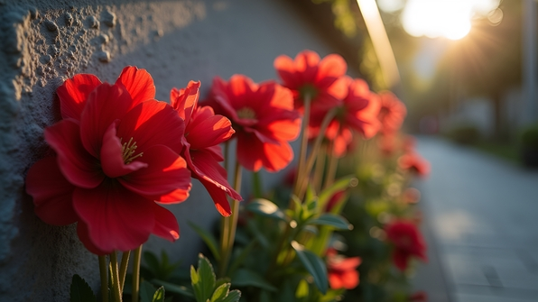 Vibrant red flowers with delicate petals blooming beside a weathered gray concrete wall under soft natural light