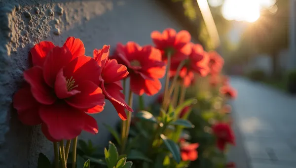 Vibrant Red Flowers Blooming Near Concrete Wall