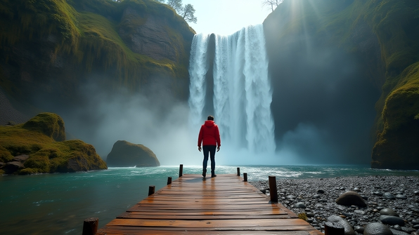 A person wearing a vibrant red jacket stands on a rustic brown wooden dock beside cascading waterfalls in bright daytime sunlight