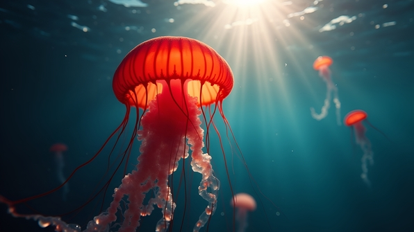 Close-up shallow focus of a vibrant red jellyfish floating in clear sunlit ocean water with visible delicate tentacles