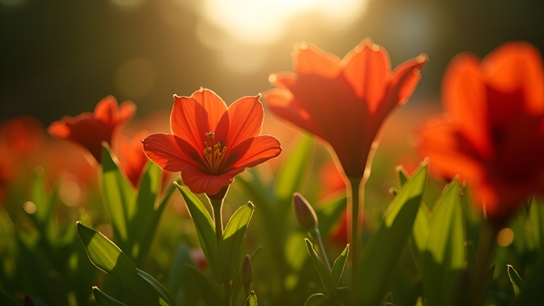 Close-up of vibrant red-petaled flowers with lush green leaves in natural outdoor sunlight