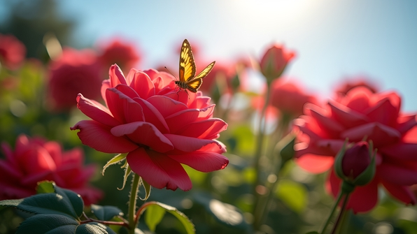 Vibrant red roses blooming in bright daylight with lush green leaves and clear blue sky