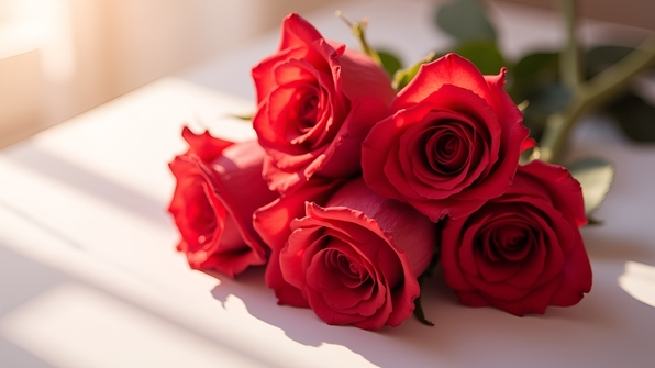 A cluster of vibrant red roses elegantly arranged on a smooth white surface with soft natural lighting and minimal shadows