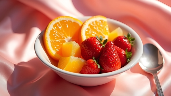 Vibrant sliced oranges and strawberries in a white bowl resting on smooth pink satin fabric under soft natural light