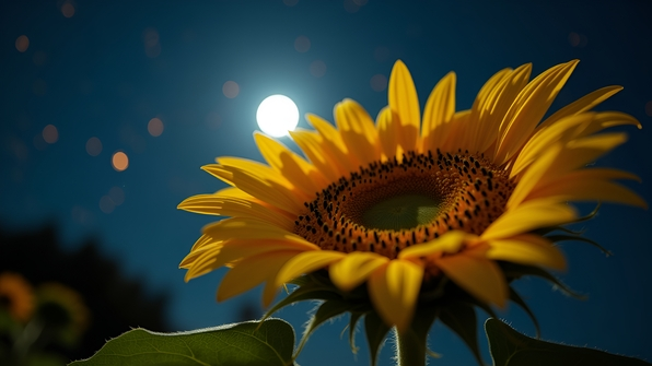 A vibrant sunflower illuminated gently under a starry night sky with soft moonlight casting delicate shadows on its petals