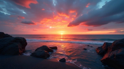 Vibrant Sunset Over Calm Ocean With Rugged Rocks