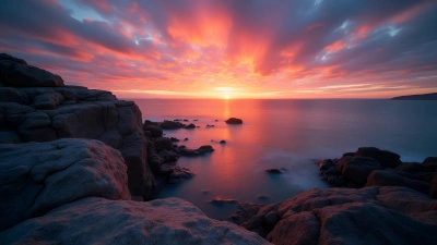 Vibrant Sunset Over Calm Water With Rugged Rocks