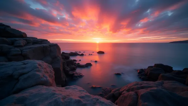 Vibrant Sunset Over Calm Water With Rugged Rocks