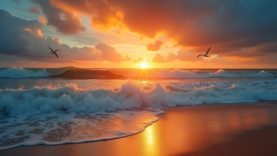 Vibrant Sunset Over Ocean Waves Crashing