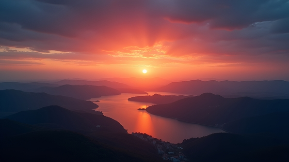 Vibrant sunset with deep orange and calming blue skies blending seamlessly over a tranquil landscape
