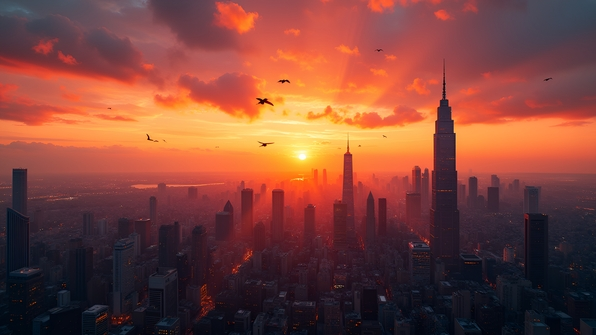 Wide panoramic view capturing a vibrant sunset sky over an urban skyline with silhouetted skyscrapers and glowing city lights