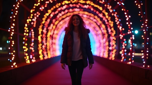 A joyful woman walking beneath a vibrant tunnel adorned with colorful string lights illuminating the night sky