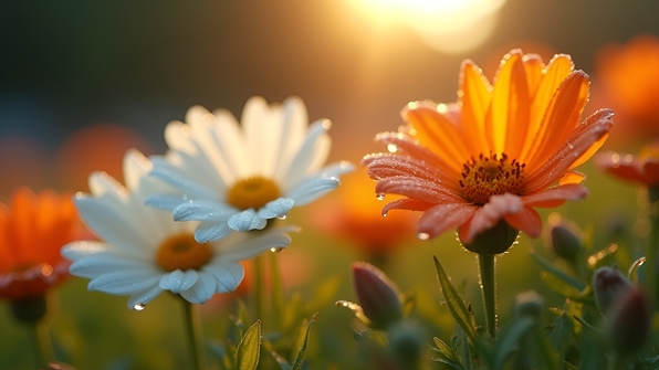 Close-up of vibrant white and orange flowers captured with a tilt-shift lens showing a miniature floral scene with blurred background