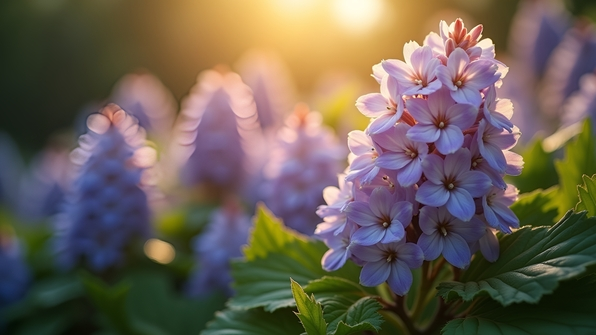Close-up of vibrant white and purple clustered flowers with delicate petals and green leaves illuminated by soft natural sunlight