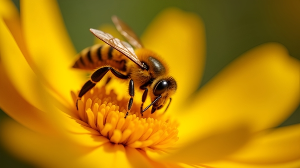 Close-up of a vibrant yellow bee collecting nectar on a bright flower