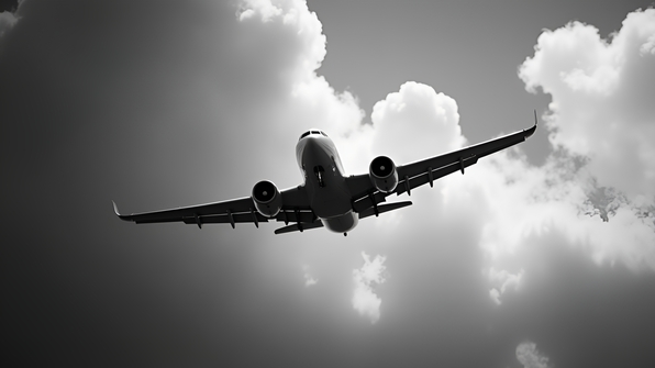 A vintage airplane soaring gracefully against a cloudy sky in a high-contrast black and white photograph