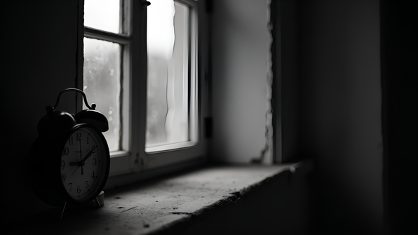 Black and white photo of a vintage clock on a windowsill with soft natural light streaming through an old windowpane