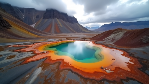 Scenic volcanic mountains and colorful rhyolite hills surrounding a natural hot spring pool in Landmannalaugar, Iceland