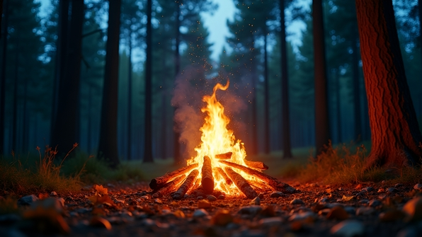 A warm bonfire glowing brightly amidst tall dark green forest trees under a starry night sky