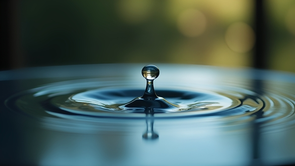 Close-up of a single water droplet creating ripples on a smooth reflective surface under soft natural lighting