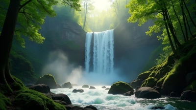 Waterfall In Lush Green Forest With Sunlight