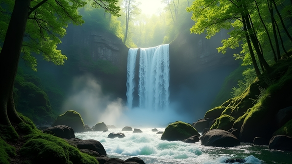 A waterfall in lush green forest with sunlight filtering through dense trees and mist rising from the flowing water