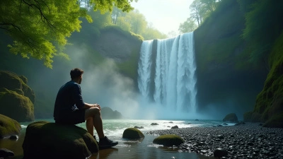 Waterfall Scene With Man Sitting Calmly