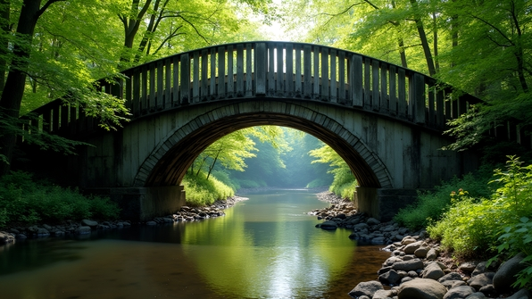 Weathered gray wooden bridge arches over a calm forest stream with lush green foliage around