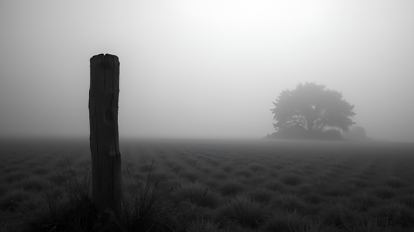 Black and white image of a weathered wooden post in a foggy field with rustic texture